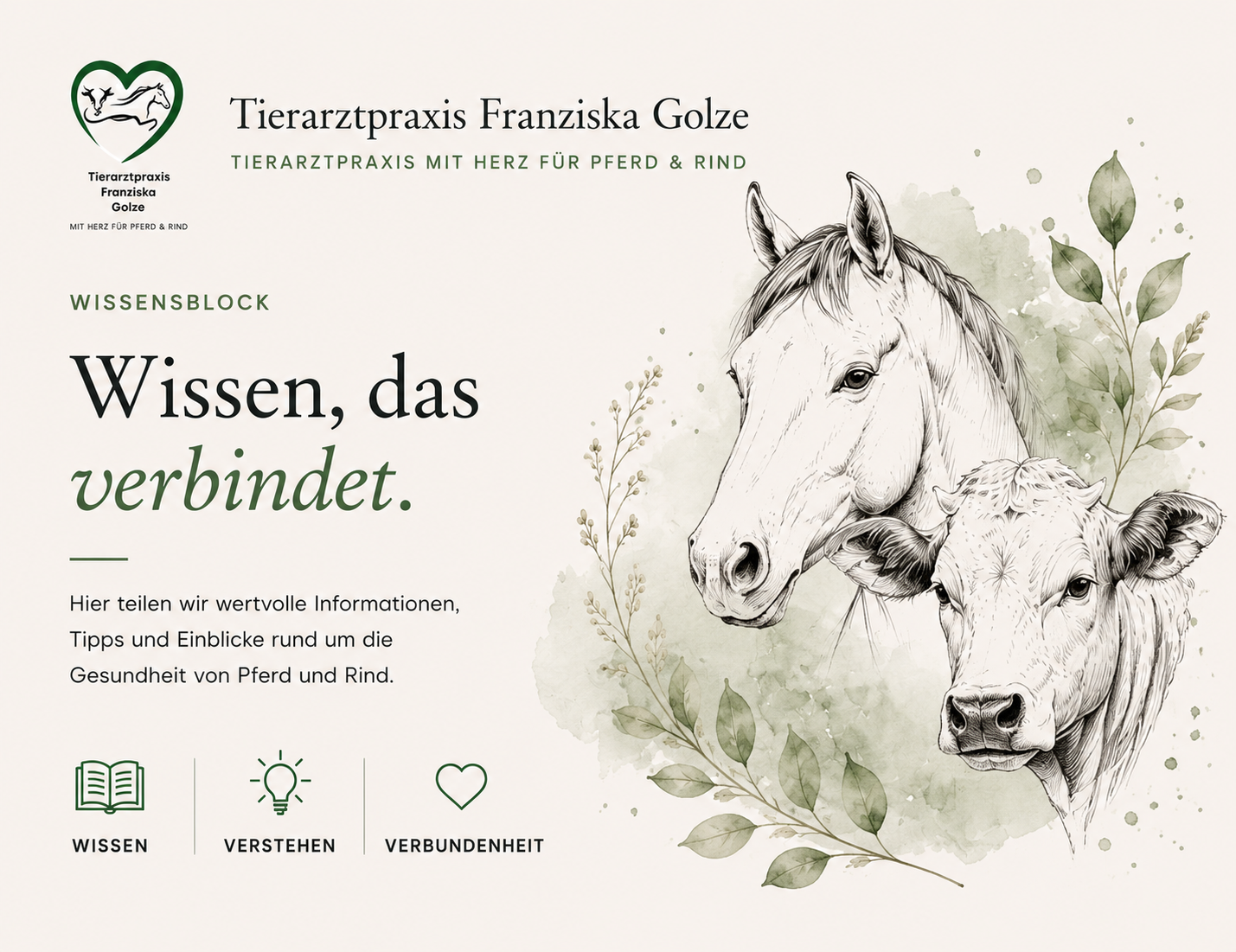 Wissensblock der Tierarztpraxis Franziska Golze mit Pferd- und Rind-Illustration